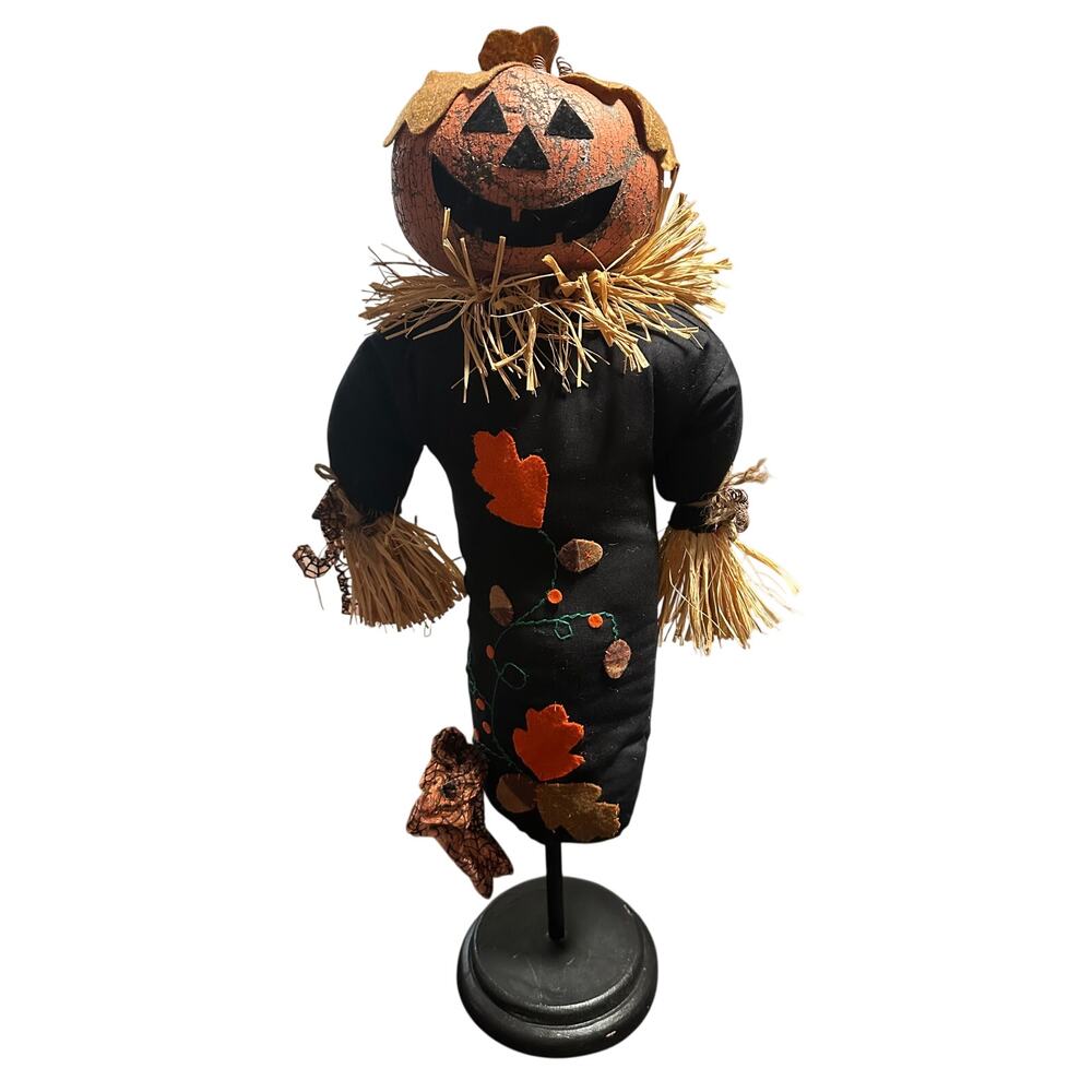 24" Primitive Pumpkin Head Scarecrow Halloween Folk Art Pedestal Figure